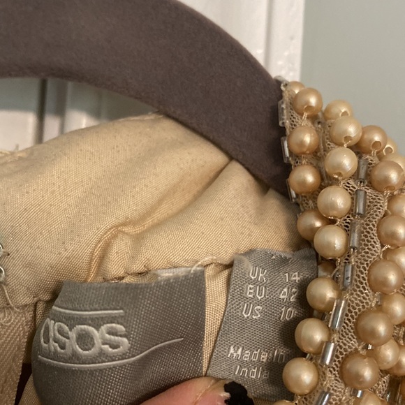 Asos embellished bodice beige dress with high neck and wrap skirt size US 10 - Picture 3 of 11